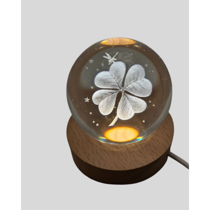Bitki Temalı LED Işıklı Cam Küre Ahşap Standlı Modern Gece Lambası