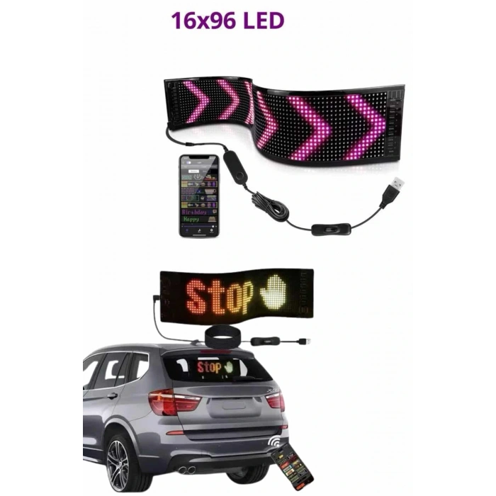 Cama Yapışan En Büyük Boy 16x96 Telefon Kontrollü Led Ekran Digital Araba Yazısı