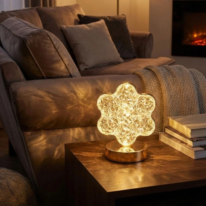 Çiçek Model Kristal LED Masa Lambası – Dokunmatik, 3 Renk Işık Modlu, Şarjlı Mini Dekoratif Gece Lambası (5324)