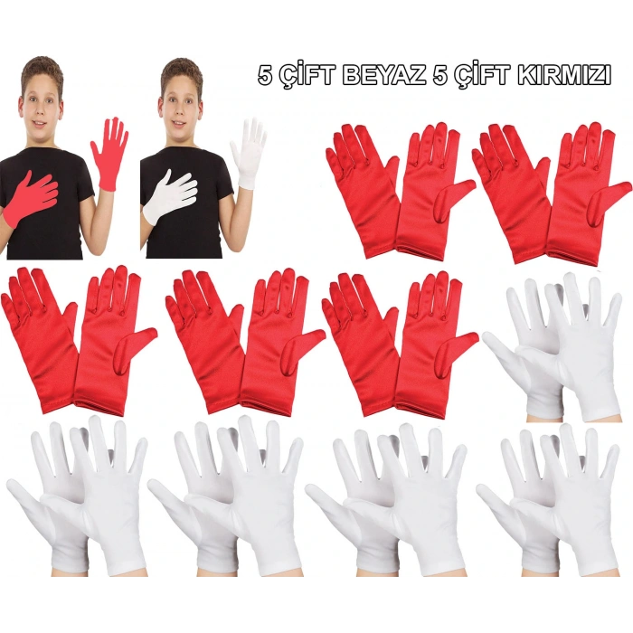 Çocuk Gösteri Eldiven Seti – 5 Çift Beyaz &amp;amp; 5 Çift Kırmızı (5324)