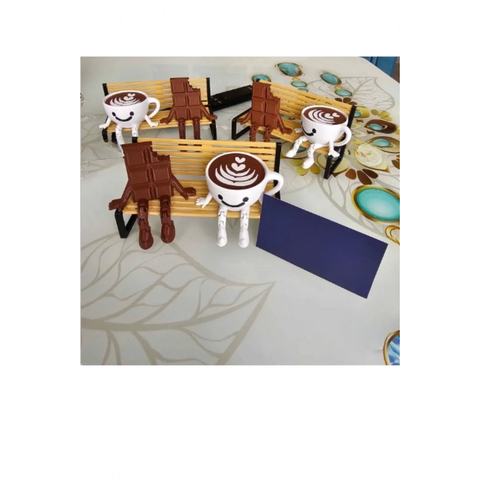 Çok Sevimli Bank Üzerinde Çikolata Ve Espresso Biblo Seti / 3lü Dekoratif Figür Hediyelik Çeyizlik