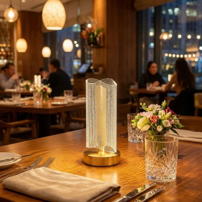 Dalgalı Silindirik Kristal Çizgili Model LED Masa Lambası – Gold Tabanlı, Dokunmatik, 3 Renk Işık Modlu, Şarjlı Modern Dekoratif Gece Lambası (5324)