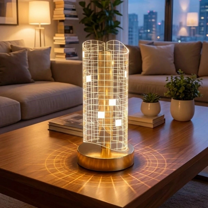 Dalgalı Silindirik Kristal Kareli Model LED Masa Lambası – Gold Tabanlı, Dokunmatik, 3 Renk Işık Modlu, Şarjlı Modern Dekoratif Gece Lambası (5324)