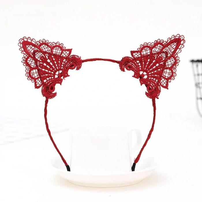 Dantelli Kırmızı Kedi Tacı - Vintage Tarz Dantel Kedi Kulak (5324)