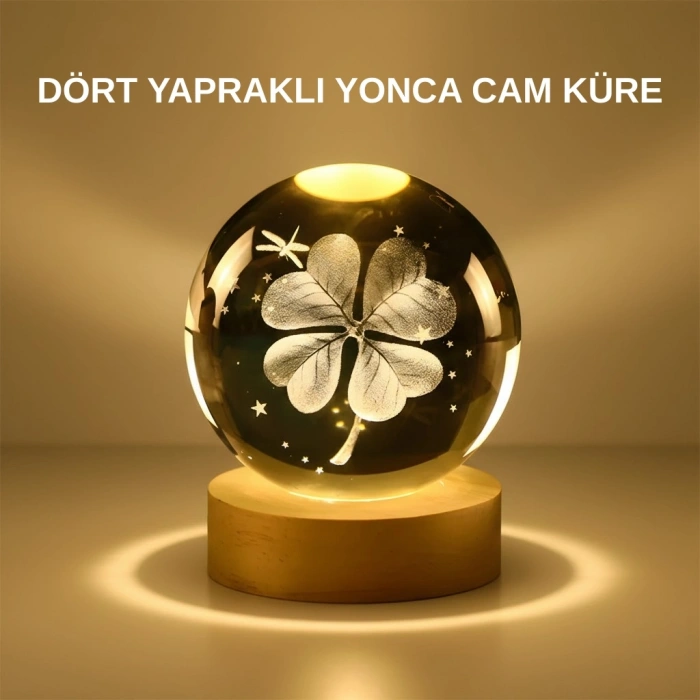 Dekoratif Yonca Görünümlü Işıklı Kristal Cam Küre USB Masa Gece Lambası