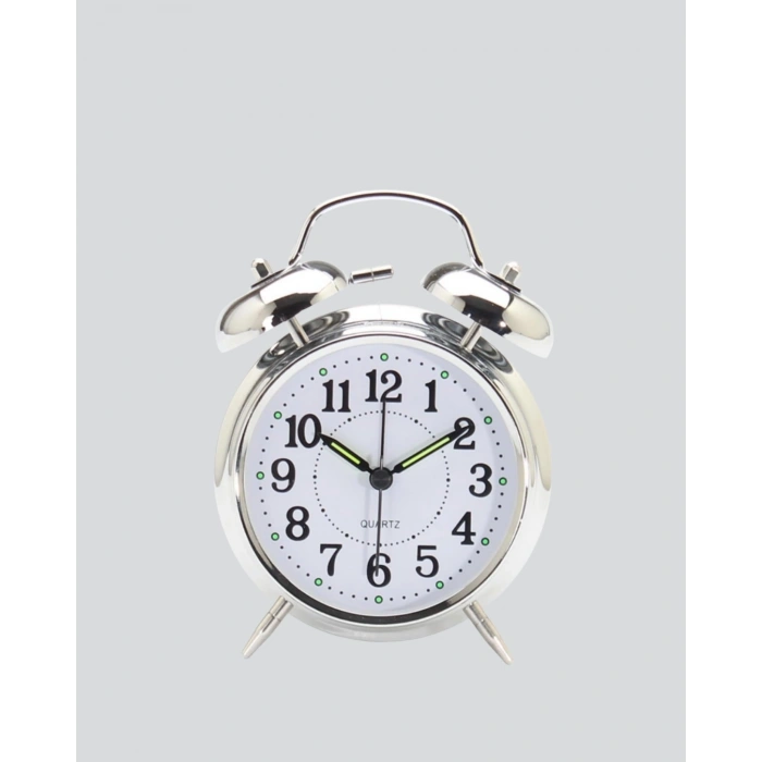 Dekoratif Yuvarlak Gümüş Sessiz Işıklı Masa Üstü Çalar Saat Alarmlı ve Şık Tasarım