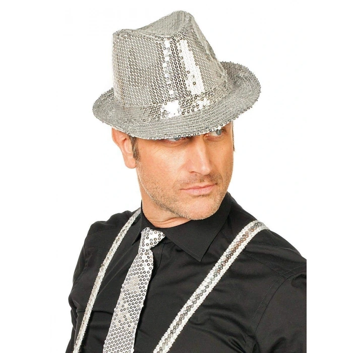 Disko Star Gümüş Payetli Fötr Şapka Yetişkin Boy