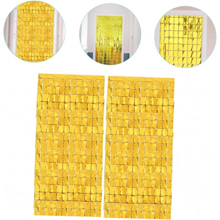 Ekstra Metalize Altın Renk Disko Dikdörtgen Kesim Kapı Perdesi Dekorasyon 1x2 Metre (5324)
