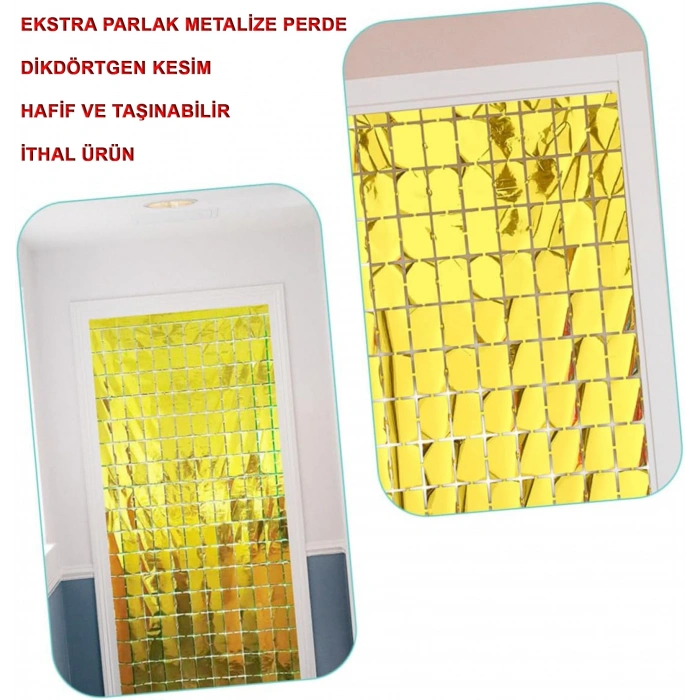 Ekstra Metalize Altın Renk Disko Dikdörtgen Kesim Kapı Perdesi Dekorasyon 1x2 Metre (5324)