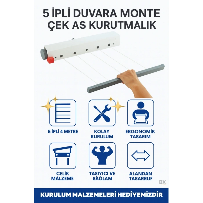 Ergonomik Çamaşırlık 5 Metre 5 İp, Kaliteli İpler, Önce Çek Sonra Sabitle, Kurulum Dahil