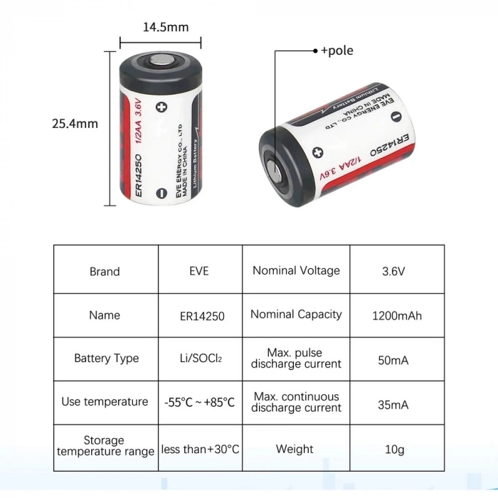Eve Er14250 1/2aa Size 3.6v 1200 Mah Şarjsız Li-socl2 Lithium Pil