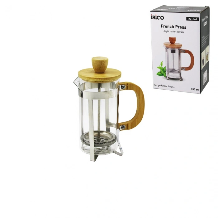 FRENCH PRESS METAL KAFES - BAMBU SAP BAMBU KAPAK 350ML CAM BİTKİ SÜZGEÇİ (5324)