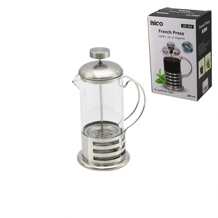 FRENCH PRESS METAL KAFES - METAL KAPAK 350ML CAM BİTKİ SÜZGEÇİ (5324)