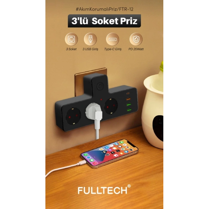 Ftr-12 Termal Akım Korumalı Isıya Dayanıklı 3’lü Priz 3x Usb 1x Type-c