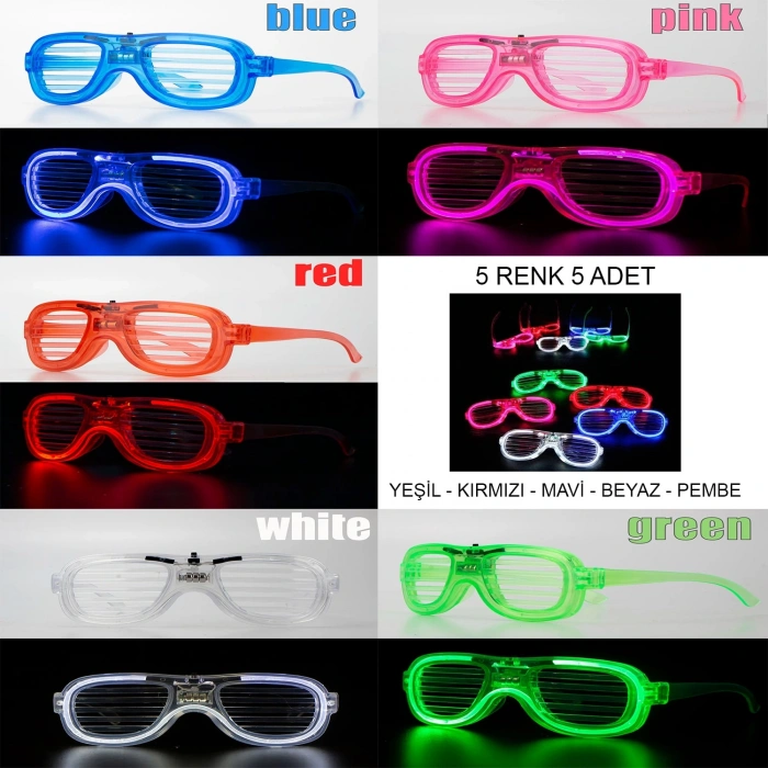 Glow Model Led Işıklı Parti Gözlüğü 3 Modlu 5 Renk 5 Adet (5324)