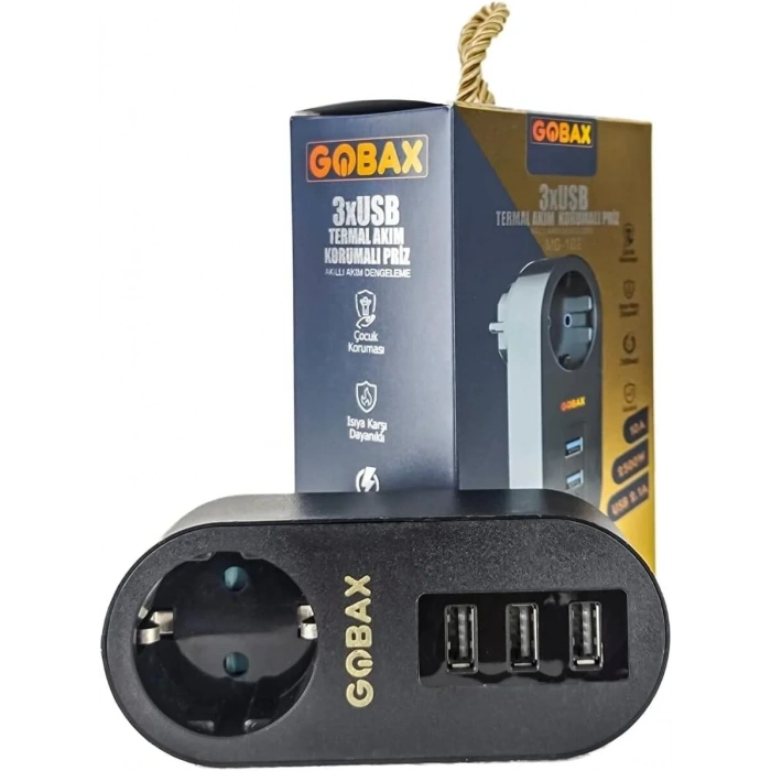 Gobax Termal Akım Korumalı Akıllı Priz 3xusb Li, Çocuk Korumalı, Led Işıklı, Yüksek Isıya Dayanıklı (5324)