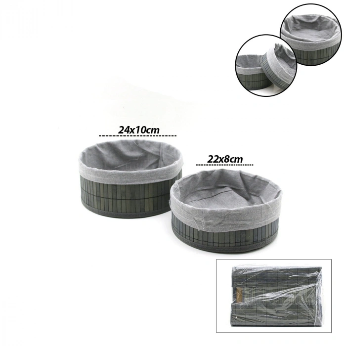 GRİ 2 BOY YUVARLAK BAMBU KENAR ORGANİZER SEPET AHŞAP ALTLIK - BEZLİ ÇAP=22X24CM (5324)