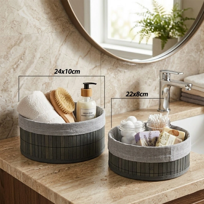 GRİ 2 BOY YUVARLAK BAMBU KENAR ORGANİZER SEPET AHŞAP ALTLIK - BEZLİ ÇAP=22X24CM (5324)