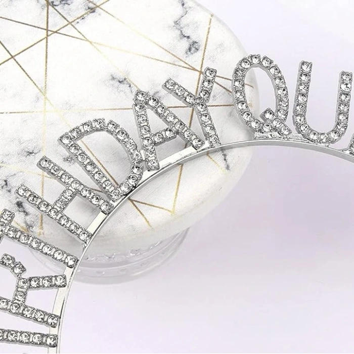 Gümüş Renk Kristal Taşlı Parlak Birthday Queen Yazılı Kraliçe Taç 16x17 cm (5324)