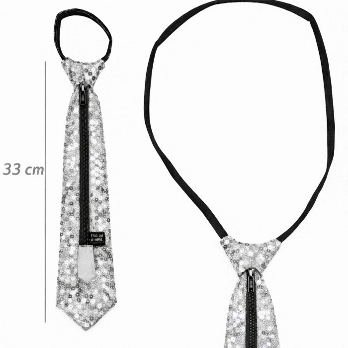 Gümüş Renk Pul Payetli Işıltılı Parti Kravatı 33 cm (5324)