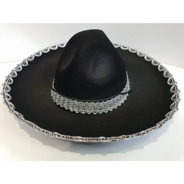 Gümüş Renk Şeritli Meksika Mariachi Latin Şapkası 55 Cm Çocuk