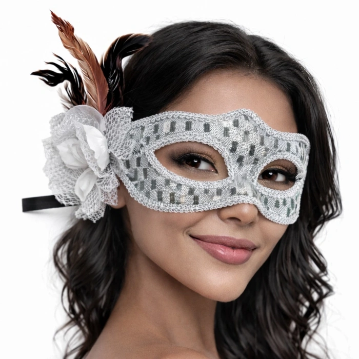 Gümüş Renk Tüylü Balo Maskesi Kadın Parti Aksesuarı (5324)