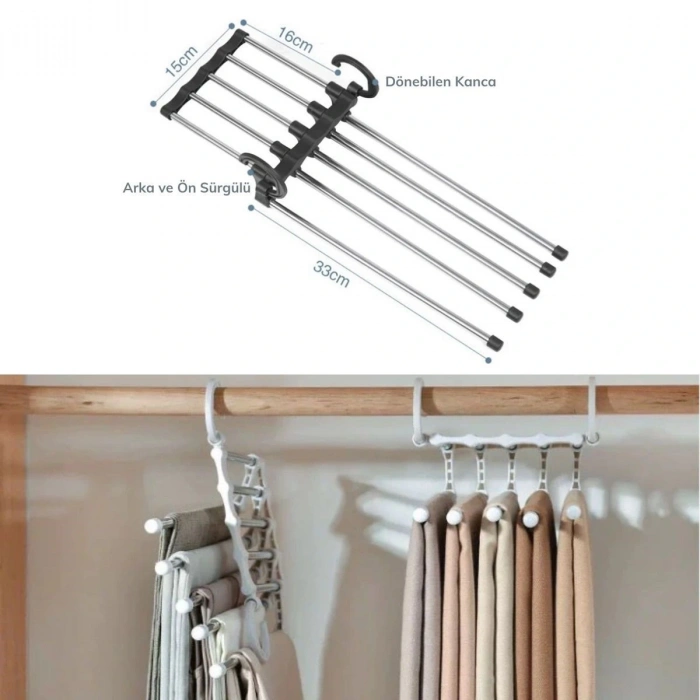 Hareketli Dolap İçi Pantolon Kravat Şal Askı Sistemi Düzenleyici Katmanlı Askılık Organizer (5324)