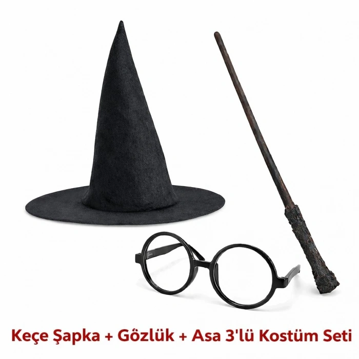 Harry Potter Tarzı Çocuk Seti (Siyah Keçe Şapka, Asa, Gözlük)