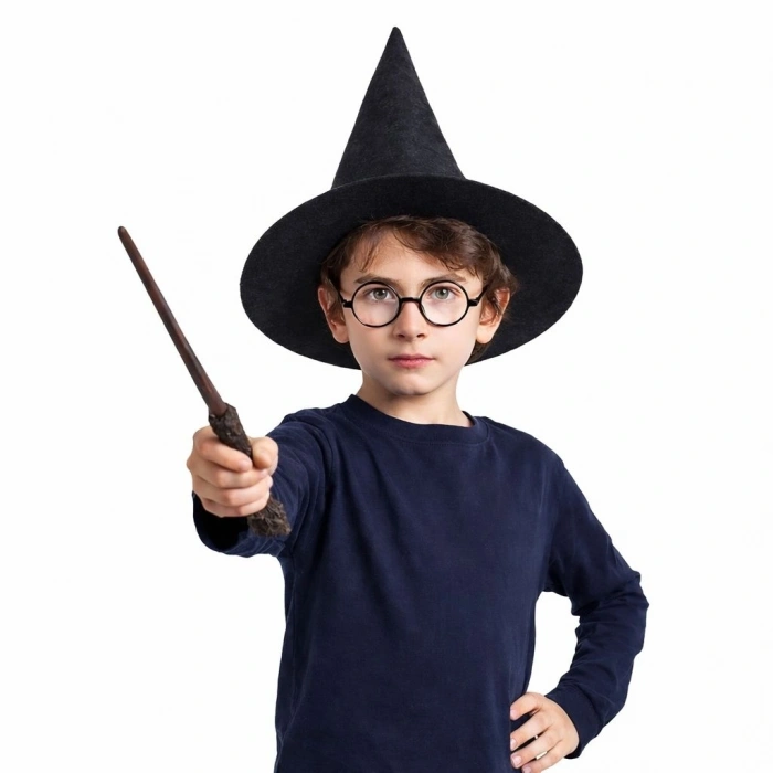Harry Potter Tarzı Çocuk Seti (siyah Keçe Şapka, Asa, Gözlük)