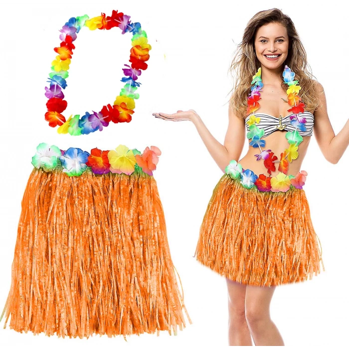 Hawaii Luau Aloha Turuncu Püsküllü 40 cm Etek ve Hawaii Kolye Seti (5324)