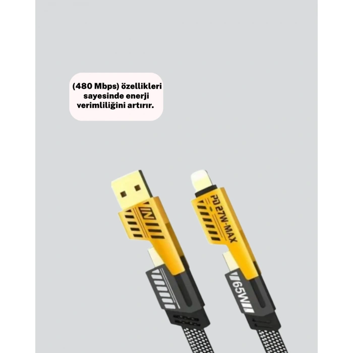 Hızlı Şarj Destekli 65W Örgülü USB-C ve USB-A Çoklu Şarj Kablosu