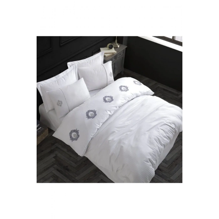 Hobby Elegant Nakışlı Pamuk Saten Çift Kişilik Nevresim Takımı Olimpos Beyaz