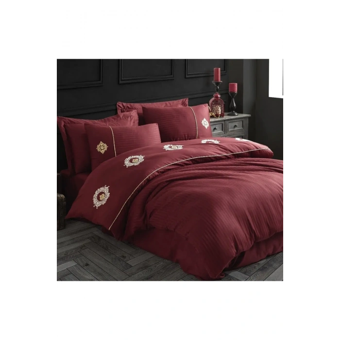 Hobby Elegant Nakışlı Pamuk Saten Çift Kişilik Nevresim Takımı Olimpos Bordo