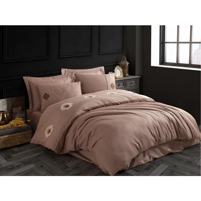 Hobby Elegant Nakışlı Pamuk Saten Çift Kişilik Nevresim Takımı Olimpos Kahve