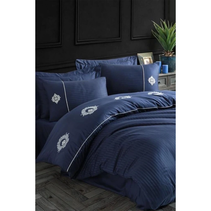 Hobby Elegant Nakışlı Pamuk Saten Çift Kişilik Nevresim Takımı Olimpos Lacivert