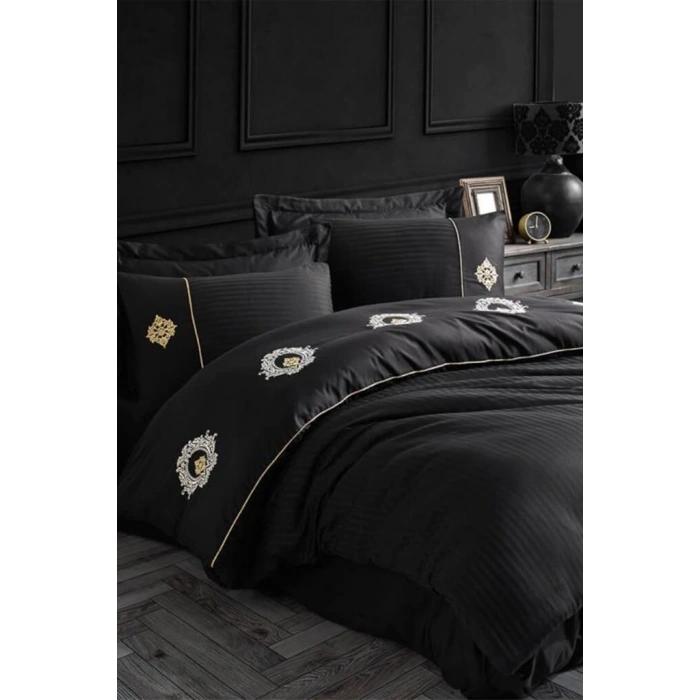 Hobby Elegant Nakışlı Pamuk Saten Çift Kişilik Nevresim Takımı Olimpos Siyah