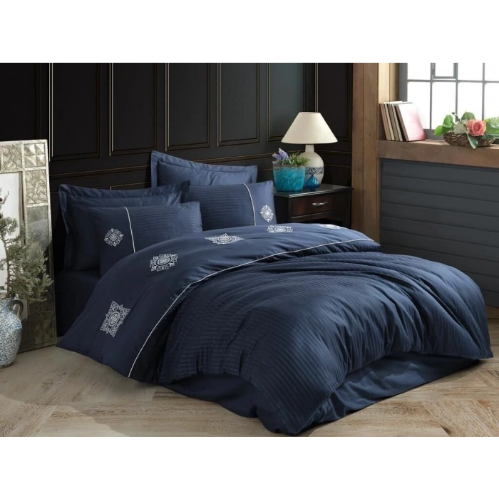 Hobby Elegant Nakışlı Pamuk Saten Çift Kişilik Nevresim Takımı Zeugma Lacivert