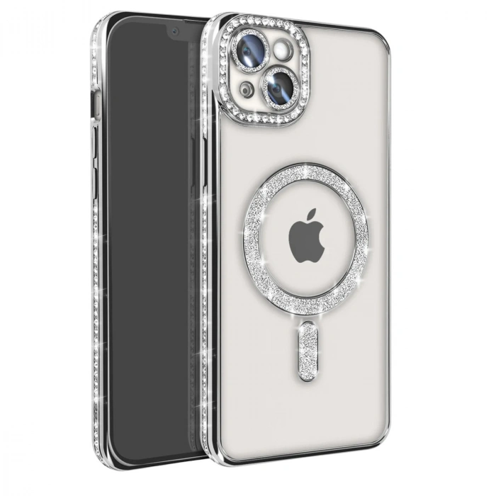 İphone 14 Kılıf Joke Simli Magneticsafe Kılıf - Gümüş