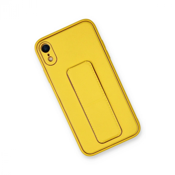 İphone Xr Kılıf Coco Deri Standlı Kapak - Sarı