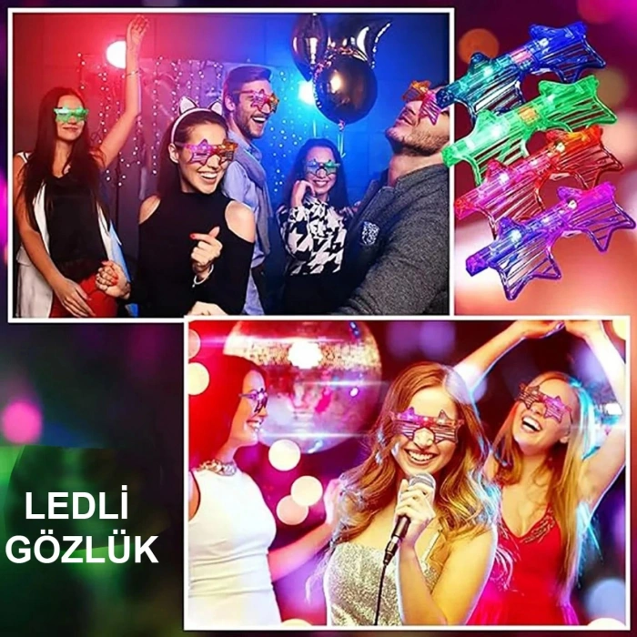 Işıklı Yıldız Gözlük Ledli Parti Gözlüğü 6 Renk 12 Adet (5324)