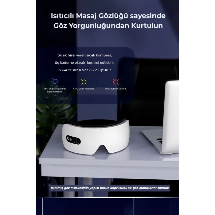 Isıtmalı Titreşimli Masaj Gözlüğü – 44°C Sabit Isı Göz Yorgunluğu Akıllı Göz Masaj Aleti