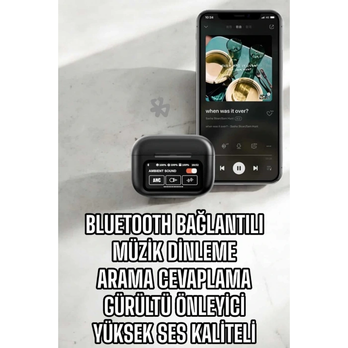Kablosuz Bluetooth Kulaklık Ekranlı Uzun Şarj Süreli Anc Destekli