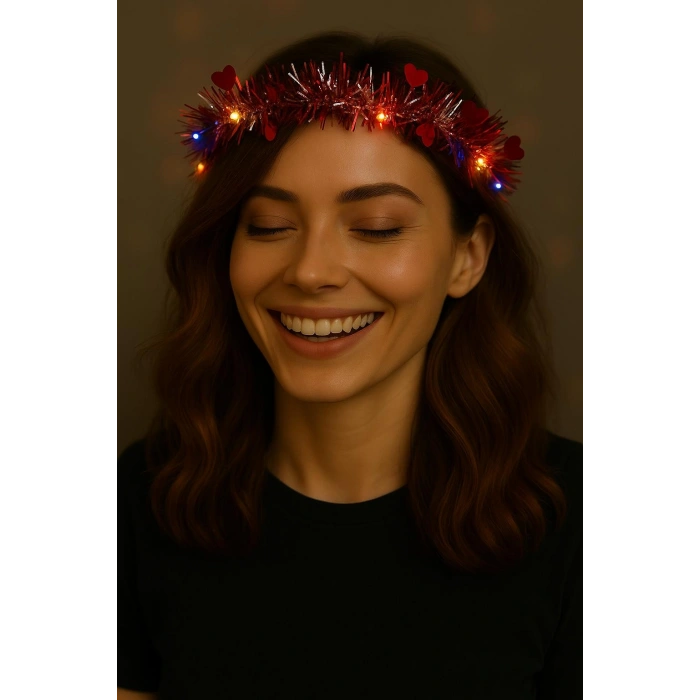 Kalp Püsküllü 3 Modlu LED Işıklı Taç Kırmızı Renk