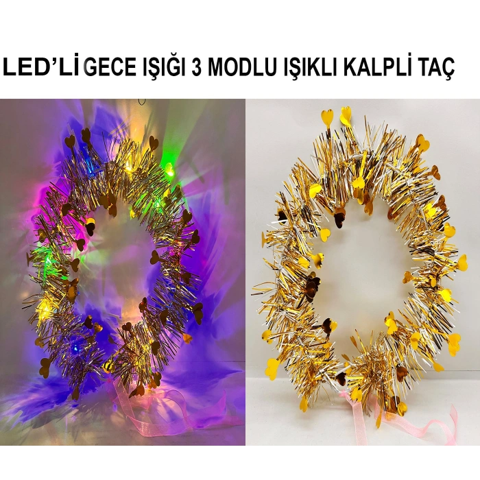 Kalp Püsküllü Gece Parıltısı 3 Modlu LED'li Işıklı Taç Altın Renk (5324)