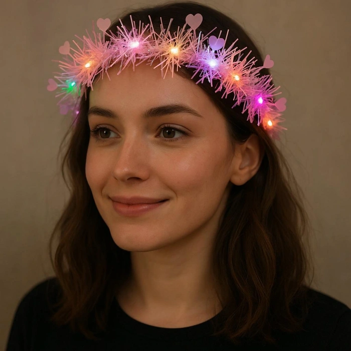Kalp Püsküllü Gece Parıltısı 3 Modlu LED'li Işıklı Taç Pembe Renk (5324)