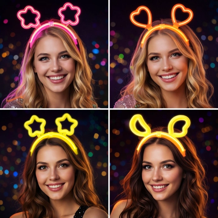 Karanlıkta Parlayan Glow Taç Seti 12 Adet – Yıldız Kalp Ay Çiçek (Her Model 3 Adet) (5324)