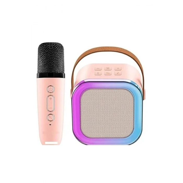 Karaoke Kablosuz Hoparlör Mikrofonlu Rgb Işıklı Bluetooth Speaker Tf Kart/usb Pembe