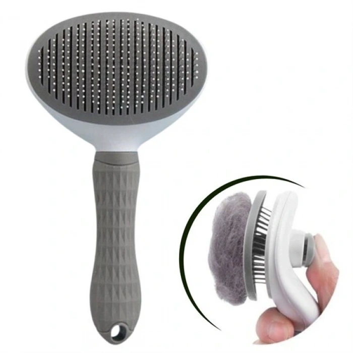 Kedi Köpek Tüy Toplayıcı Kendini Temizleyebilen Ergonomik Rahat Evcil Hayvan Tarağı Gri (5324)