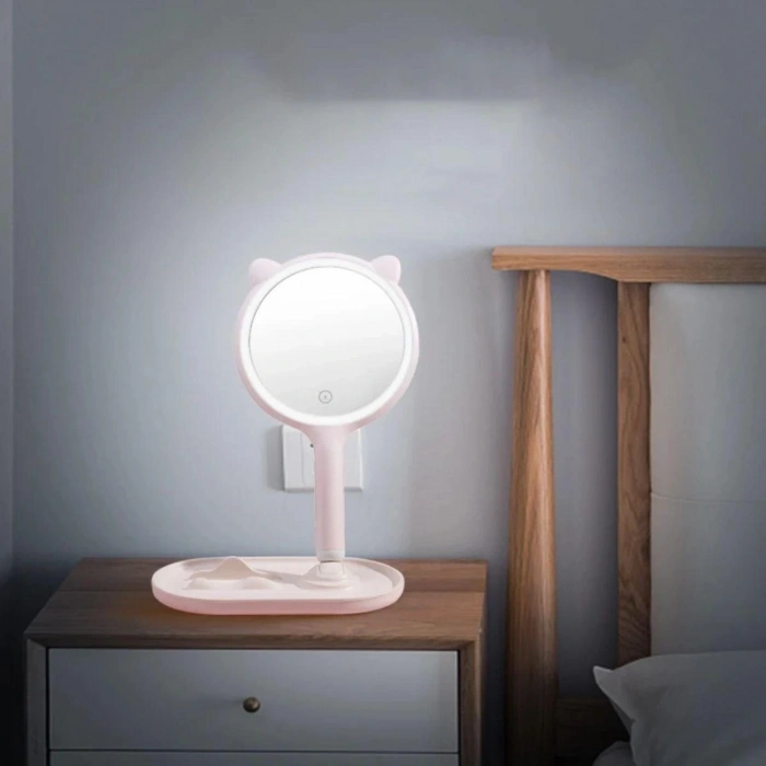 Kedi Kulaklı Telefon Standlı Yuvarlak Dokunmatik Led Ayarlı Masa Üstü Makyaj Aynası (5324)