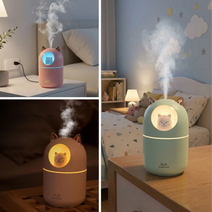 Kedicik Figürlü Hava Nemlendirici – Ultrasonik Soğuk Buhar Makinesi, LED Işıklı Masaüstü Oda Nemlendirici (5324)